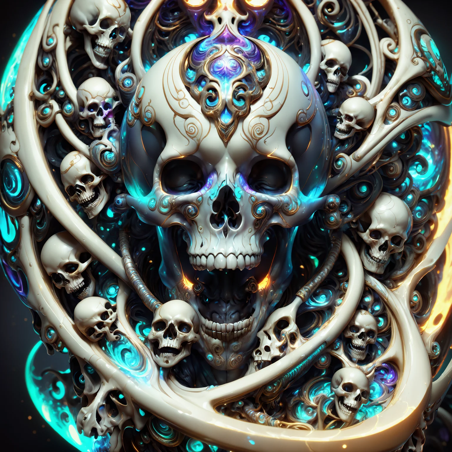 <lora:aiai-DiscoFaces-XL1-v1-captions:0.75> aiai-DiscoFaces style necromantic vortex of screaming skulls, low moody light, internal illumination, league of legends style fantasy art, octane render, porcelain sculpt, art by justin gerard and todd mcfarlane, high quality, 8K Ultra HD, masterpiece, best quality