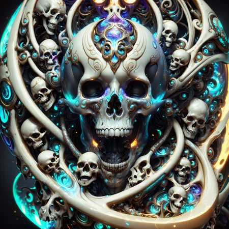 <lora:aiai-DiscoFaces-XL1-v1-captions:0.75> aiai-DiscoFaces style necromantic vortex of screaming skulls, low moody light, internal illumination, league of legends style fantasy art, octane render, porcelain sculpt, art by justin gerard and todd mcfarlane, high quality, 8K Ultra HD, masterpiece, best quality