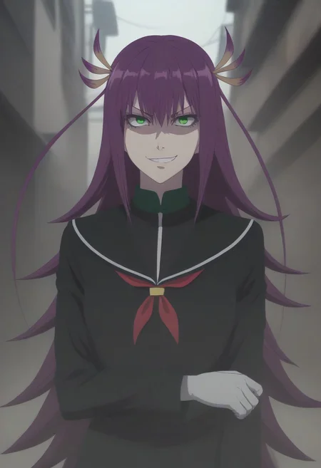 <lora:SlimesKanonIsui:1>, slimes_kanonisui, woman, solo, green eyes, alley background, evil smirk