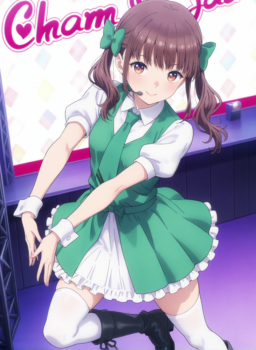 High quality,Ultra detailed,best quality,insanely detailed,beautiful,masterpiece,absurdres,very aesthetic,sensitive BREAK
1girl,solo,<lora:yokota_aya_V1_IL:1>,(yokota_aya, brown eyes, brown hair, long hair, twintails, hair bow, bangs, green bow, small breasts),(idol,white shirt, green necktie, puffy short sleeves, collared shirt,green dress,green vest,white thighhighs,black footwear,boots,frilled dress),oshi ga budoukan itte kuretara shinu,looking_at_viewer,posing,smile,indoors,<lora:chamjam_stage_V1_IL:1>,stage,chamjam_stage,headset,