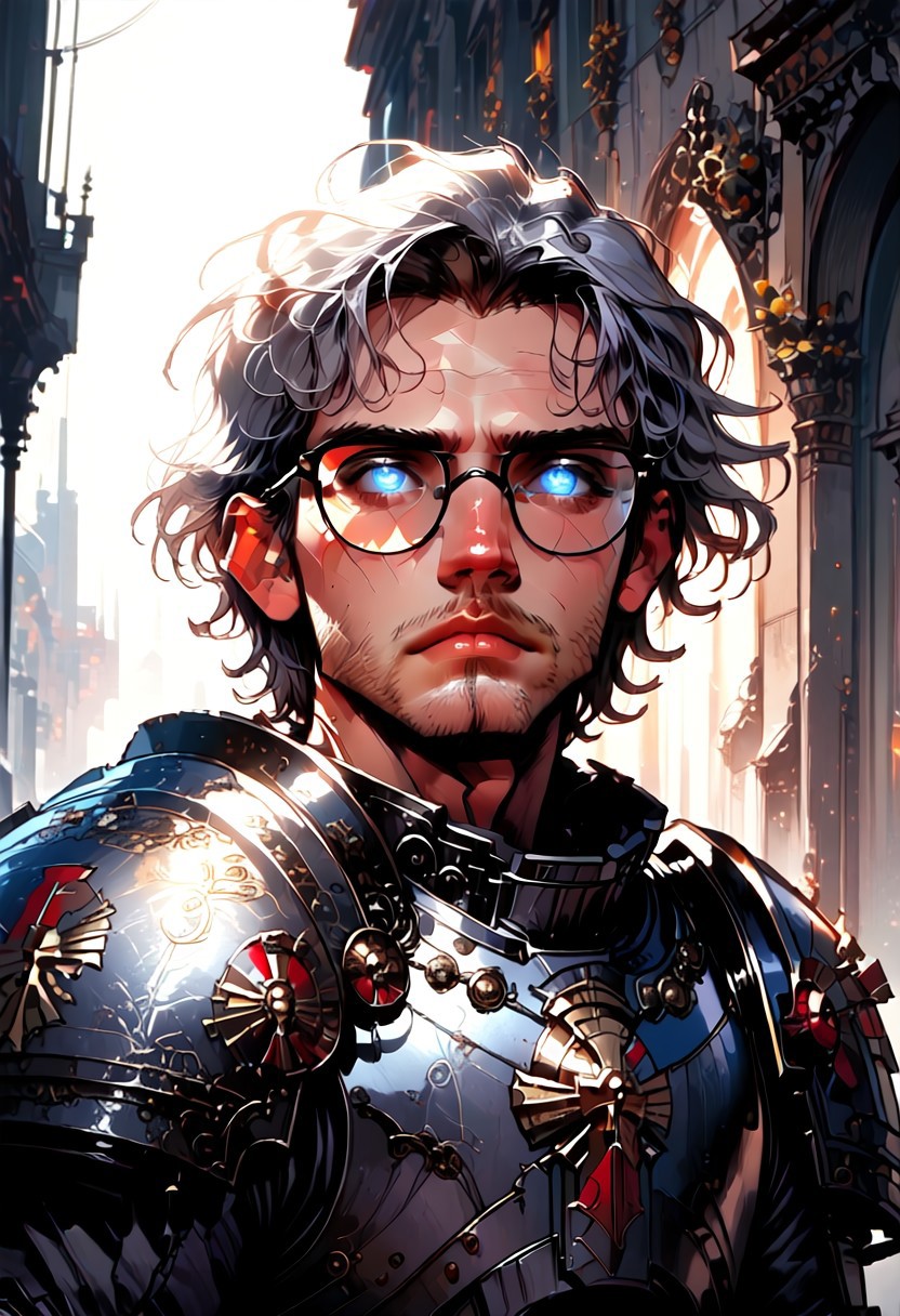 (score_9, score_8_up:1.1), score_7_up, ((zPDXL3)), ((SimplePositiveXLv2)), ((EnhanceImage:1.2)), b0, Palipostyle, Digital painting style, brushstrokes, <lora:PonyGreyK40k:0.9>, ((GreyK40k)), masterpiece, volumetric lighting, ray tracing, source-fantasy, half portrait, 1 male, 25 years old, adult male, masculine, masculine features, male focus, solo, gray hair, fluffy hair, undercut, very-short hair, very-short hair, round eyeglasses, handsome, slender, scholarly, intellectual, blue eyes, brown stubble, stubble, facial hair, stubble, heavy stubble, facial hair, short grey hair, power armor, GreyK40k power armor, intricate armor, textured skin, fantasy city street, (3-frame sketch), raw lighting, volumetric lighting, cinematic lighting, aesthetic design, dramatic angle, dramatic framing, cinematic framing, posing at an angle,
urn:air:sdxl:lora:civitai:595599@665295, urn:air:sdxl:lora:civitai:922479@1032576,
<lora:PainterlyFantasiaPDXL:0.4>
