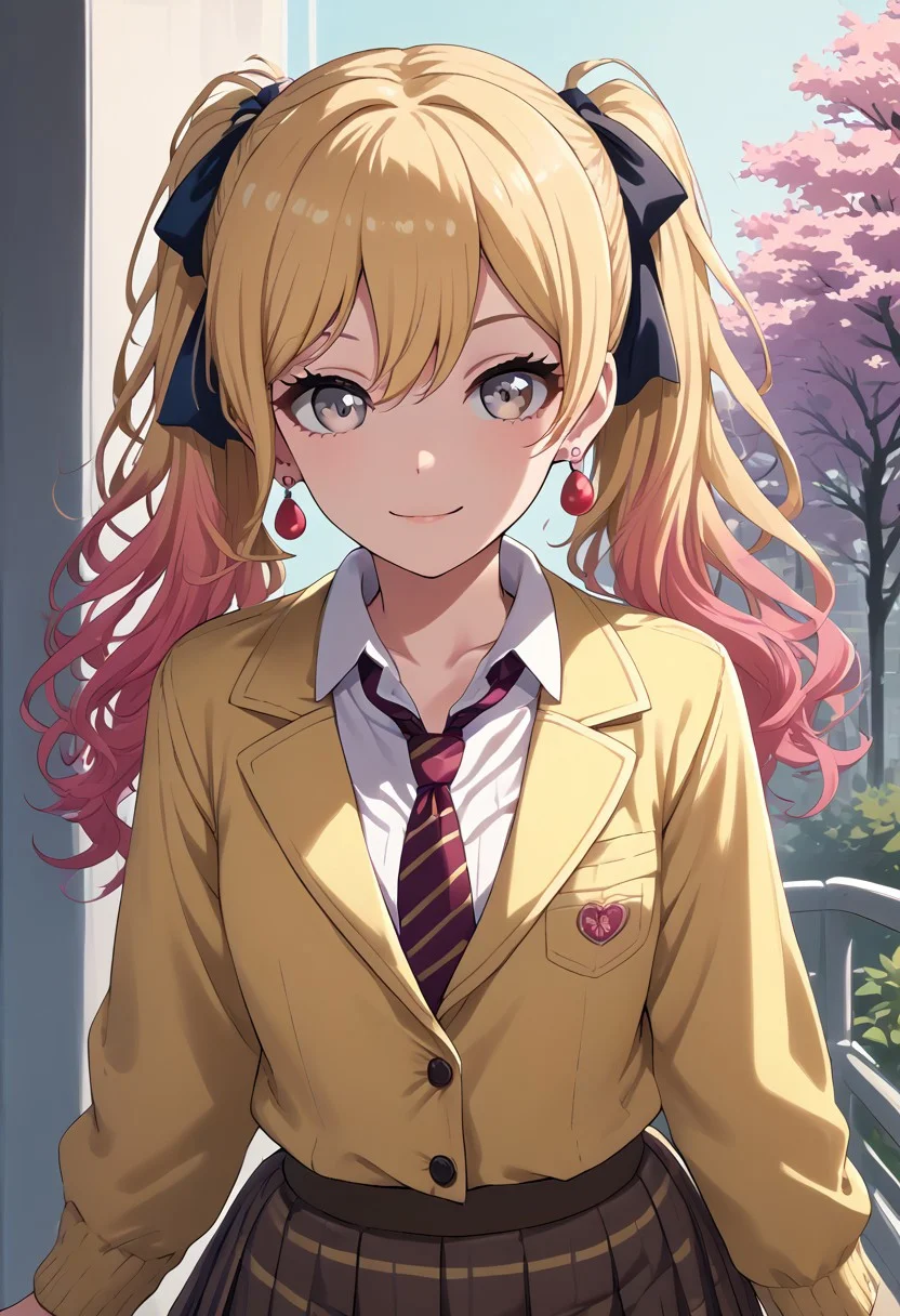 score_9_up, score_8_up, score_7_up,score_6_up, score_5_up, score_4_up , 1girl, solo, twoheads, 2heads, conjoined, ((2 different hairstyles, twintail, ponytail)), ((SPLIT-COLOR HAIR)), ((blonde hair)), ((brown hair)), lisaimai, long hair, ponytail, grey eyes, earrings, school uniform, striped necktie, brown necktie, collared shirt, grey jacket, long sleeves, plaid skirt, pleated skirt,short skirt, brown skirt, saki, blonde hair, long hair, pink hair, gradient hair, red eyes, 1girl, solo, bangs, hair between eyes, collarbone, collared shirt, yellow jacket, red necktie, loose nectie, white shirt, striped necktie, black thighhighs, black skirt, miniskirt, layered skirt, black ribbon, zettai ryouiki, saki_unit, flirting, cowboy shot, cherry blossom background