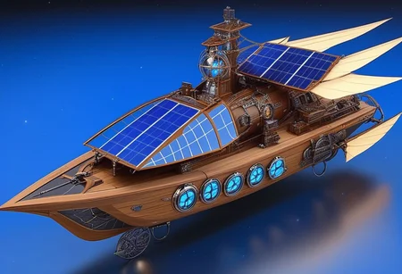 lumenarium, flying ship at space, big sail like solar panels, stary sky, aether nebulas, realistic, wooden hull with metal elements, blue glowing energy sail:2 , silver metal, guns on board, hight tech, steampunk, wings like solar panels