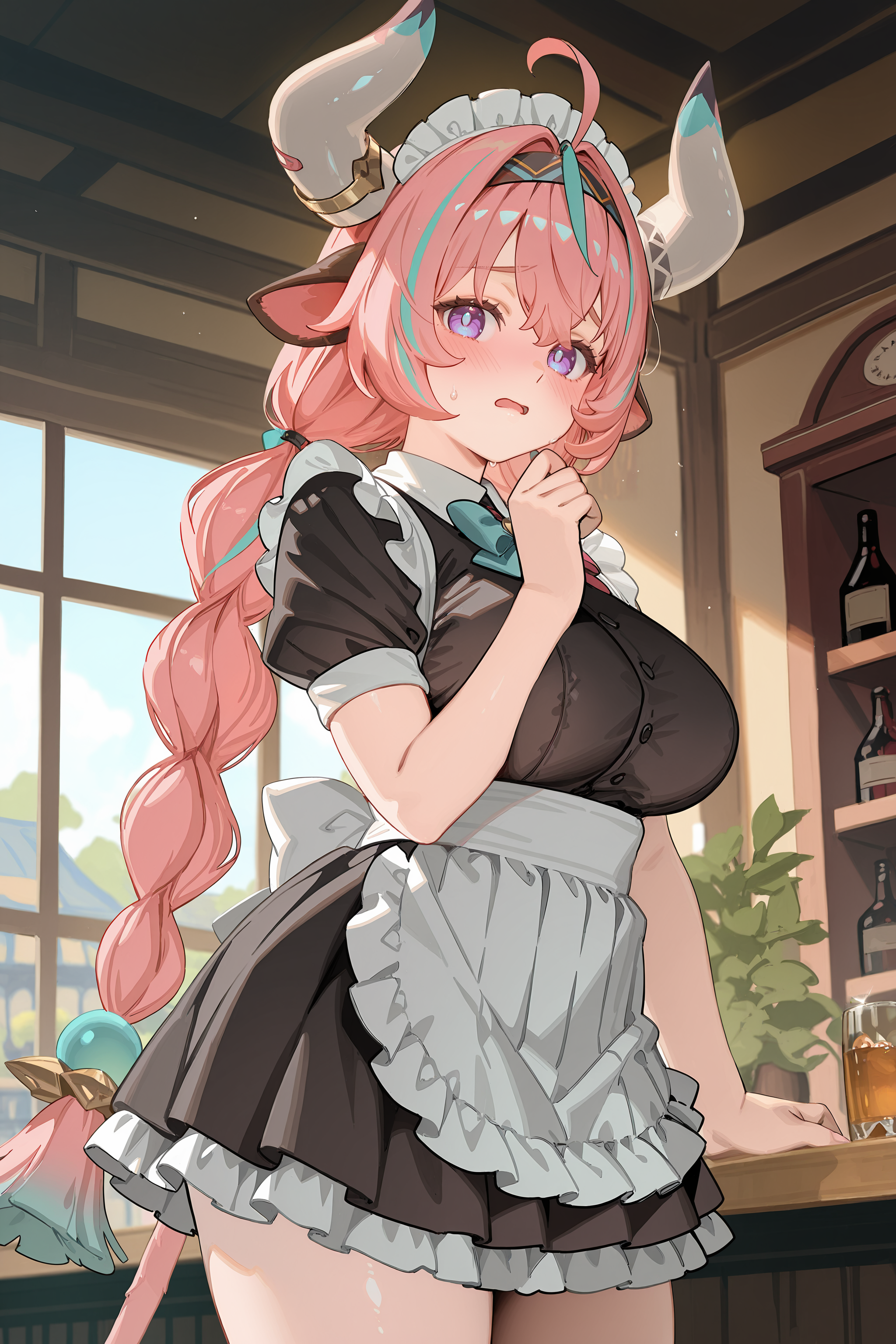 1girl, solo, varesa \(genshin impact\), plump, tail, twin braids, solo, maid, maid headdress, maid apron, embarrassed,  open mouth, blush, parted lips, looking at viewer, cowboy shot, bar \(place\), indoors, depth of field <lora:Char-Genshin-Varesa-V1-IL:0.9:hr=0.6>, plump, kanzaki hiro, ciloranko, alphonse \(white datura\), (ask \(askzy\), gomzi, you shimizu: 0.7)
masterpiece, best quality, amazing quality, very aesthetic, absurdres, newest, (scenery, volumetric lighting), ray tracing, (bloom:1.4), cinematic