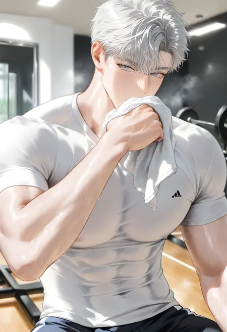 masterpiece, best quality, amazing quality, very aesthetic, high resolution, ultra-detailed, absurdres, newest, BREAK, male, male focus, adult,
BREAK, exercise, gym, wiping sweat with his t-shirt,
BREAK, athletic build, imposing appearance, elegant style, sophisticated appearance, expressive eyes,
Ilay Riegrow, short hair, white hair, straight hair, grey eyes,
