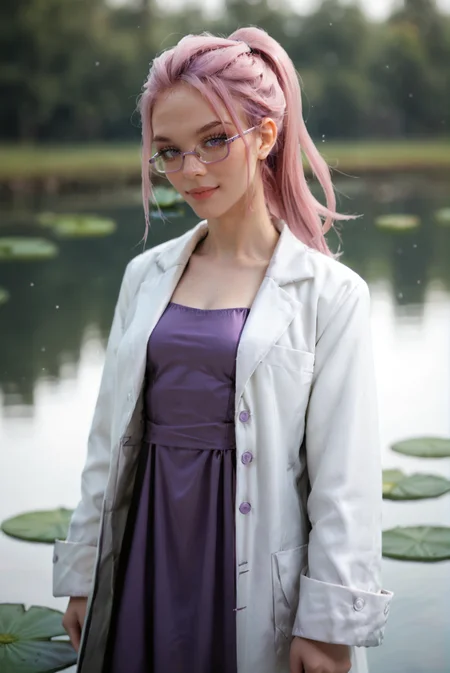 <lora:intp_v1:0.8>
intp_v1 , solo
ponytail, pink hair, long hair, purple hair,
pale skin,
purple eyes,
breasts, small breasts,
glasses, semi-rimless eyewear,
labcoat, white coat, coat, open coat,long sleeves,
purple dress,
jewelry,, score_9, score_8_up, score_7_up, solo,
A misty morning over a tranquil pond with lily pads and lotus flowers,, light smile:0.3, head tilt,
blur censor, blurry, blurry background, blurry foreground, bokeh, motion blur,
chromatic aberration, depth of field, figure, focused, focus