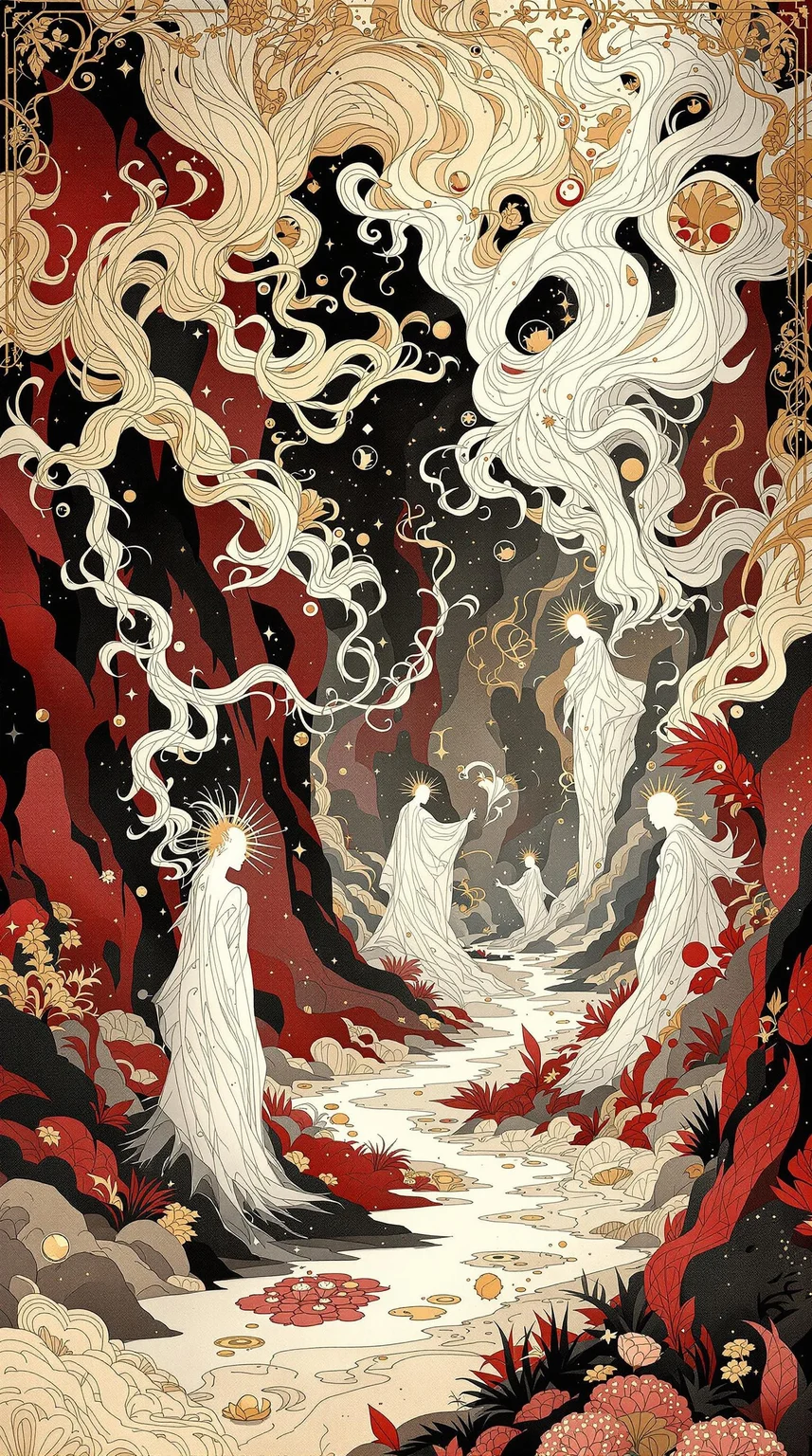 A beautifully drawn contemporary illustration by Ryan Sook featuring a mysterious scene where swirling ethereal lines mimic the concept of a fantastical realm with a blend of surreal elements like flowing white and gold characters with intricate ornate patterns that suggest a sense of whimsy and wonder The palette includes deep reds and rich earth tones with subtle black and tulle details that add a modern touch The composition is intimately detailed and highly professional with smooth lines and sharp focus that bring out the intricate details in a vividly vibrant display that captures the essence of the best of contemporary illustration .