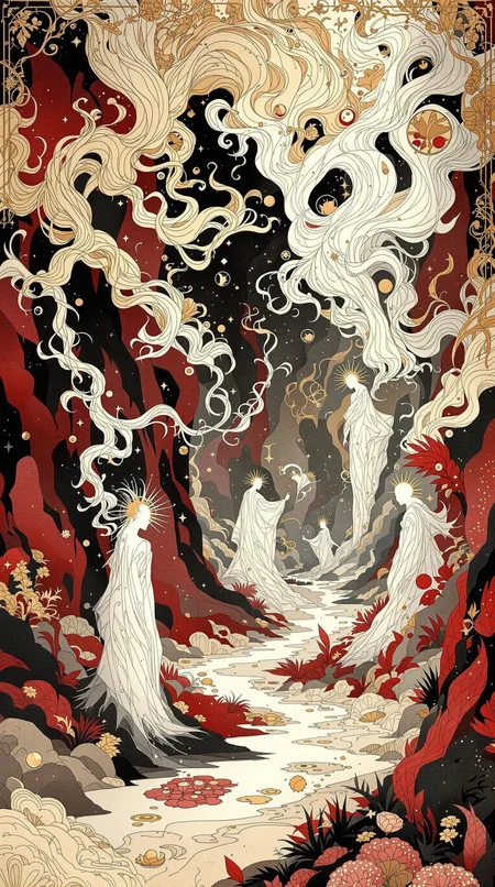 A beautifully drawn contemporary illustration by Ryan Sook featuring a mysterious scene where swirling ethereal lines mimic the concept of a fantastical realm with a blend of surreal elements like flowing white and gold characters with intricate ornate patterns that suggest a sense of whimsy and wonder The palette includes deep reds and rich earth tones with subtle black and tulle details that add a modern touch The composition is intimately detailed and highly professional with smooth lines and sharp focus that bring out the intricate details in a vividly vibrant display that captures the essence of the best of contemporary illustration .
