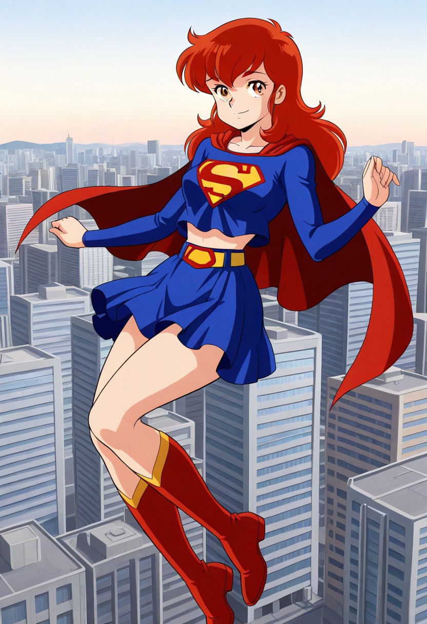 highres, best quality, masterpiece,retro artstyle, 1980's style, 1girl, solo, a-ko, eiko magami (project a-ko), red hair, long hair, brown eyes, blue shirt, hero_outfit, gold trim, midriff, long sleeves, yellow belt, blue skirt, red boots, red cape, large breasts, outdoors, sky, cityscape, flying, smile