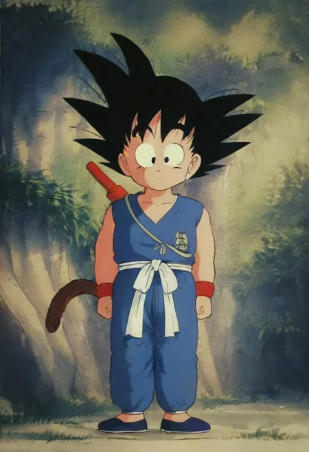 source_anime, score_9, score_8_up, score_7_up, anime screencap,8k, absurd res, son goku, solo, looking at viewer, smile, black hair, 1boy, closed mouth, standing, tail, full body, weapon, male focus, outdoors, black footwear, black eyes, tree, spiked hair, red wristband, nature, clenched hands, forest, arms at sides, dougi, white sash, scratching head with one arm, the other arm is at his side, blue topwear, raised eyebrows, monkey tail, blue pants, shoes, male child, nyoibo, weapon on back, chibi, sleeveless 
 <lora:gokudb_pony_v3:0.8>