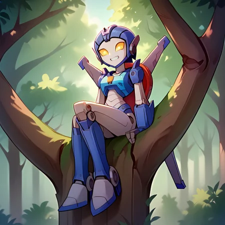 Score_9, score_8_up, score_7_up, Whirl_(RBA), 1girl, Robot, mecha, sitting, arms at sides, yellow sclera, white pupils, slim legs, slim waist, metal skin, blue plating, looking at viewer, no humans, transformer, autobot, cartoon style, cartoon source, full body, android, outdoors, clenched teeth, crossed legs, legs crossed, 1ntr33, sitting in tree, tree, sitting on branch, in tree, from below