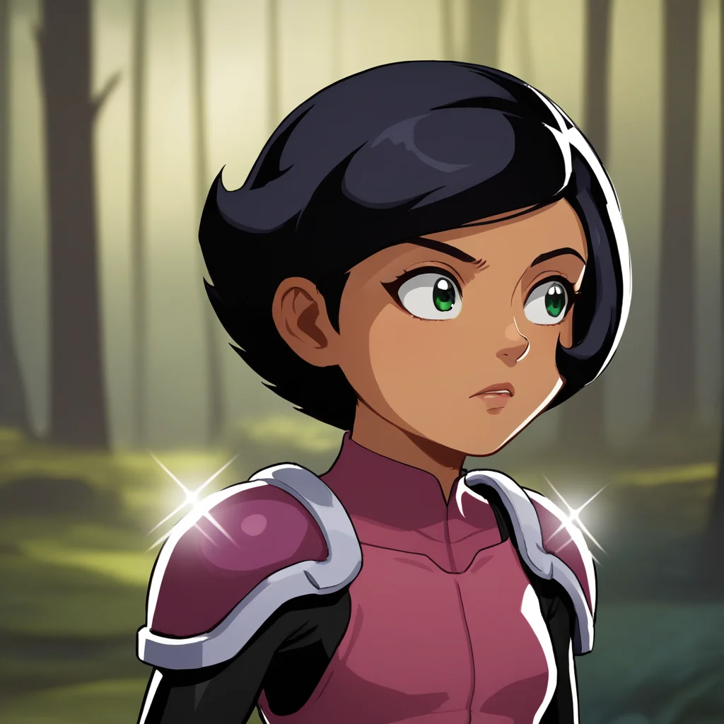 score_7_up, BREAK, 1girl, solo, Megan, black hair, short hair, green eyes, tan, dark skin, <lora:Megan_SpieZ_PXL_Leaf3:1>, upper body, bodysuit, shoulder pads, arms at sides, forest, blurry background, sparkle background,