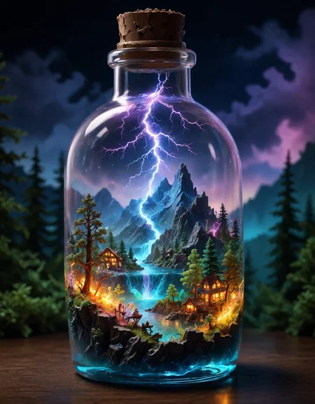 cinematic, micro shot, miniature world, extreme close up inside the big magical bottle, iridescent colorful massive neon lightning strikes contained inside the bottle, detailed landscape with trees and mountains and rivers inside the bottle, there should be mist and smoke inside the bottle, intricate, blurry dark background, <lora:add-detail-xl:1>, <lora:sdxl_lightning_8step_lora:1>, <lora:detailed_notrigger:1>