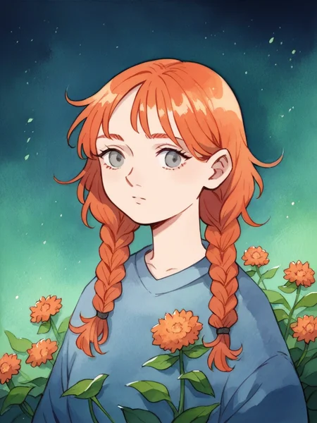 source_anime, score_9, score_8_up, score_7_up, score_6_up, score_5_up, twin braids, flower, ginger hair, grey eyes, <lora:h31k4l4XLP:1> h31k4l4, watercolor