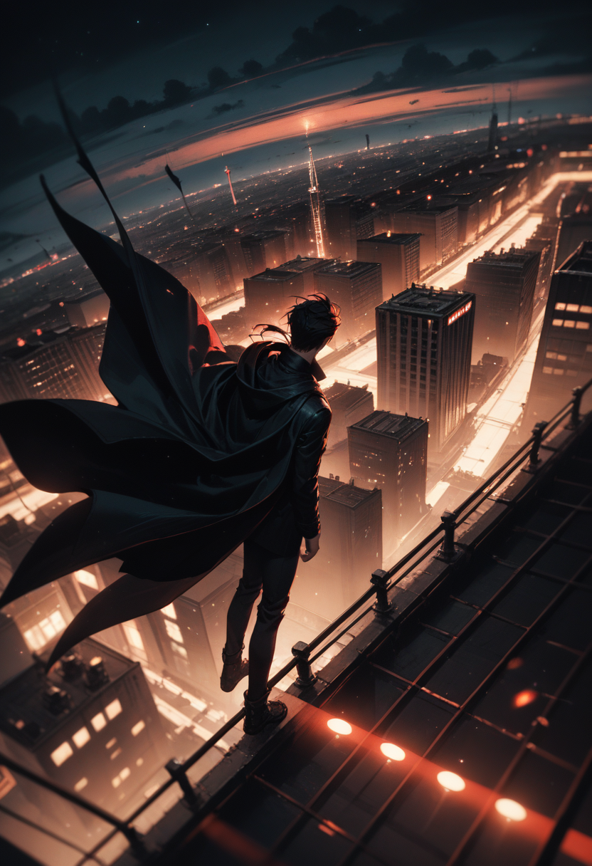 (score_9, score_8_up), score_7_up, 1boy, long black coat, cityscape, from above, high above, falling, floating black cape, floating hair, falling, foreshortening, dynamic, dutch angle, blurry background, depth of field, red theme, night, night sky, gritty, dark lighting, neon lights, cloudy
<lora:DetailedEyes_V3:0.5> <lora:add-detail-xl:0.5>  source_anime