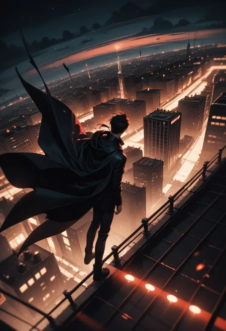 (score_9, score_8_up), score_7_up, 1boy, long black coat, cityscape, from above, high above, falling, floating black cape, floating hair, falling, foreshortening, dynamic, dutch angle, blurry background, depth of field, red theme, night, night sky, gritty, dark lighting, neon lights, cloudy
<lora:DetailedEyes_V3:0.5> <lora:add-detail-xl:0.5> source_anime