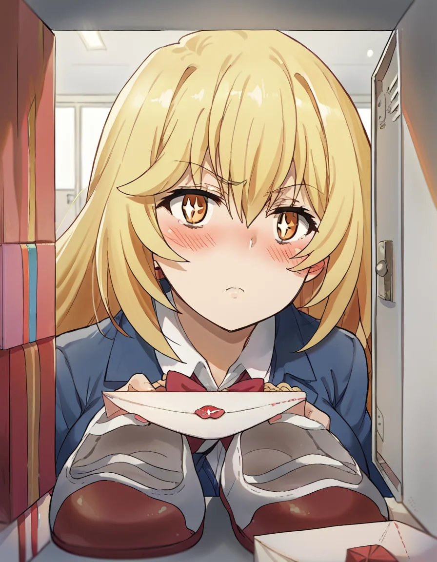 score_9, score_8_up, score_7_up, source_anime, <lora:misaki-shokuhou-s3-ponyxl-lora-nochekaiser:1>, misaki shokuhou, blonde hair, hair between eyes, long hair, symbol-shaped pupils, yellow eyes, large breasts, <lora:shoe-locker-pov-ponyxl-lora-nochekaiser:1> shoe locker pov, locker, letter, school, gift box, unworn shoes, blush,, ,