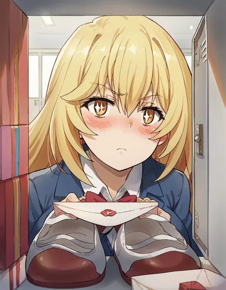 score_9, score_8_up, score_7_up, source_anime, <lora:misaki-shokuhou-s3-ponyxl-lora-nochekaiser:1>, misaki shokuhou, blonde hair, hair between eyes, long hair, symbol-shaped pupils, yellow eyes, large breasts, <lora:shoe-locker-pov-ponyxl-lora-nochekaiser:1> shoe locker pov, locker, letter, school, gift box, unworn shoes, blush,, ,