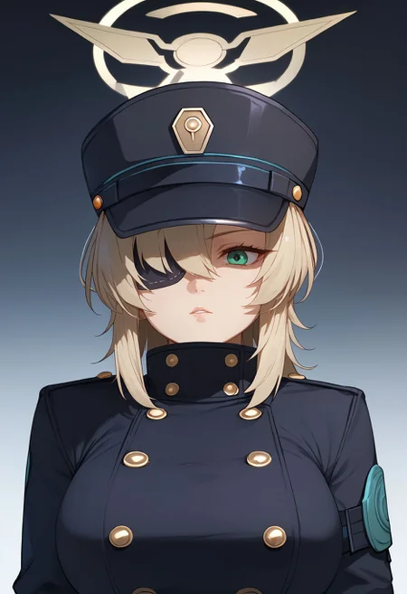 score_9,score_8_up,core_7_up, <lora:suou_blue_archive_xl:1>suou-ba, 1girl, solo, breasts, hat, eyepatch,hair over one eye, large breasts, gloves,white background,parted lips, long sleeves, closed mouth, black headwear, upper body, black gloves, buttons, bangs, peaked cap