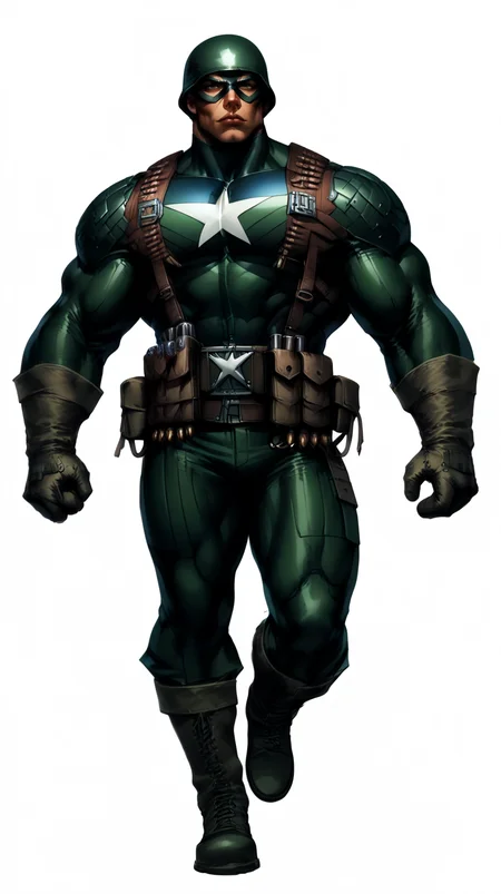score_9, score_8_up, score_7_up, a man with a strong jaw in a tactical navy blue (muscled superhero costume with green armored highlights:1.2), (m1 helmet:1.4), (superhero domino mask:1.2), leather gloves, laced combat boots, bullet bandolier across his chest, gunslinger belt, huge biceps, (white background:1.2), character design, concept art, detailed face, high Detail, Sharp focus, dramatic, (full body shot:1.2), (solo:1.2), <lora:ArtgermLycoXL:0.5> <lora:c0rb3nXLP:0.5> c0rb3n <lora:detailed_hands:1> hands, <lora:ComicsPonyXL_V2:0.7> Comistyle <lora:WW2_Superhero_Costume-000017:1>
