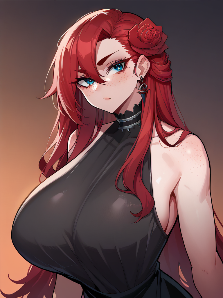(score_9, score_8_up), score_7_up, score_6_up, BREAK
1girl, red hair, perfect face, beautiful face, sharp face, jawline,  blue eyes, long eyelashes, full eyebrows, mascara, underliner, freckles, ear rings, chocker, rose in hair, BREAK
(huge breasts:1.2), (sagging breasts:0.6), 
black dress, 
<lora:Doujinshi_Booba_PDXL_V3:1.4>