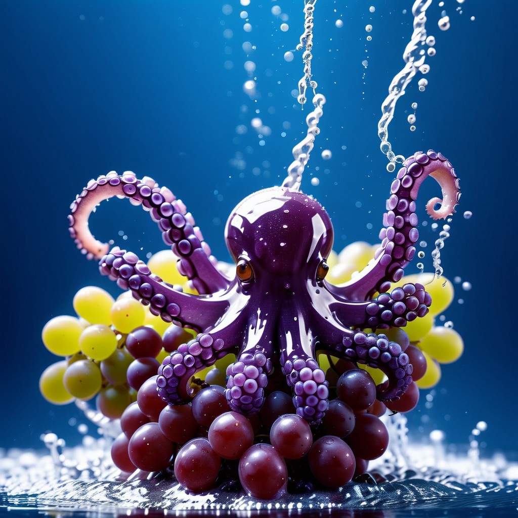 octopus tentacles made of grapes, splash water, flashing particles, depth of field, clean background, made from grapes