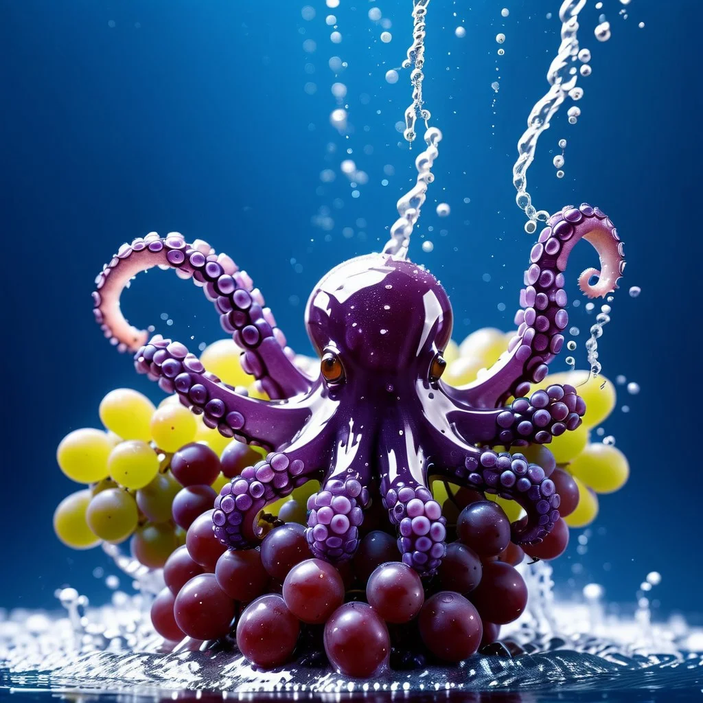octopus tentacles made of grapes, splash water, flashing particles, depth of field, clean background, made from grapes