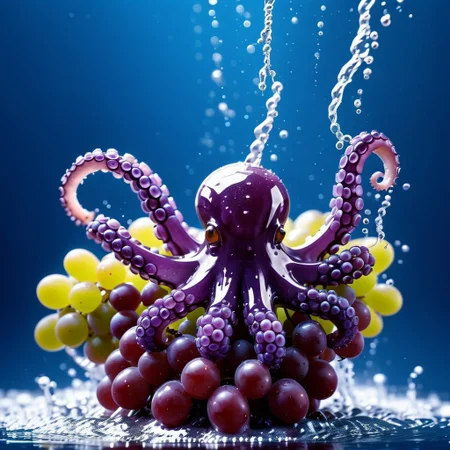 octopus tentacles made of grapes, splash water, flashing particles, depth of field, clean background, made from grapes