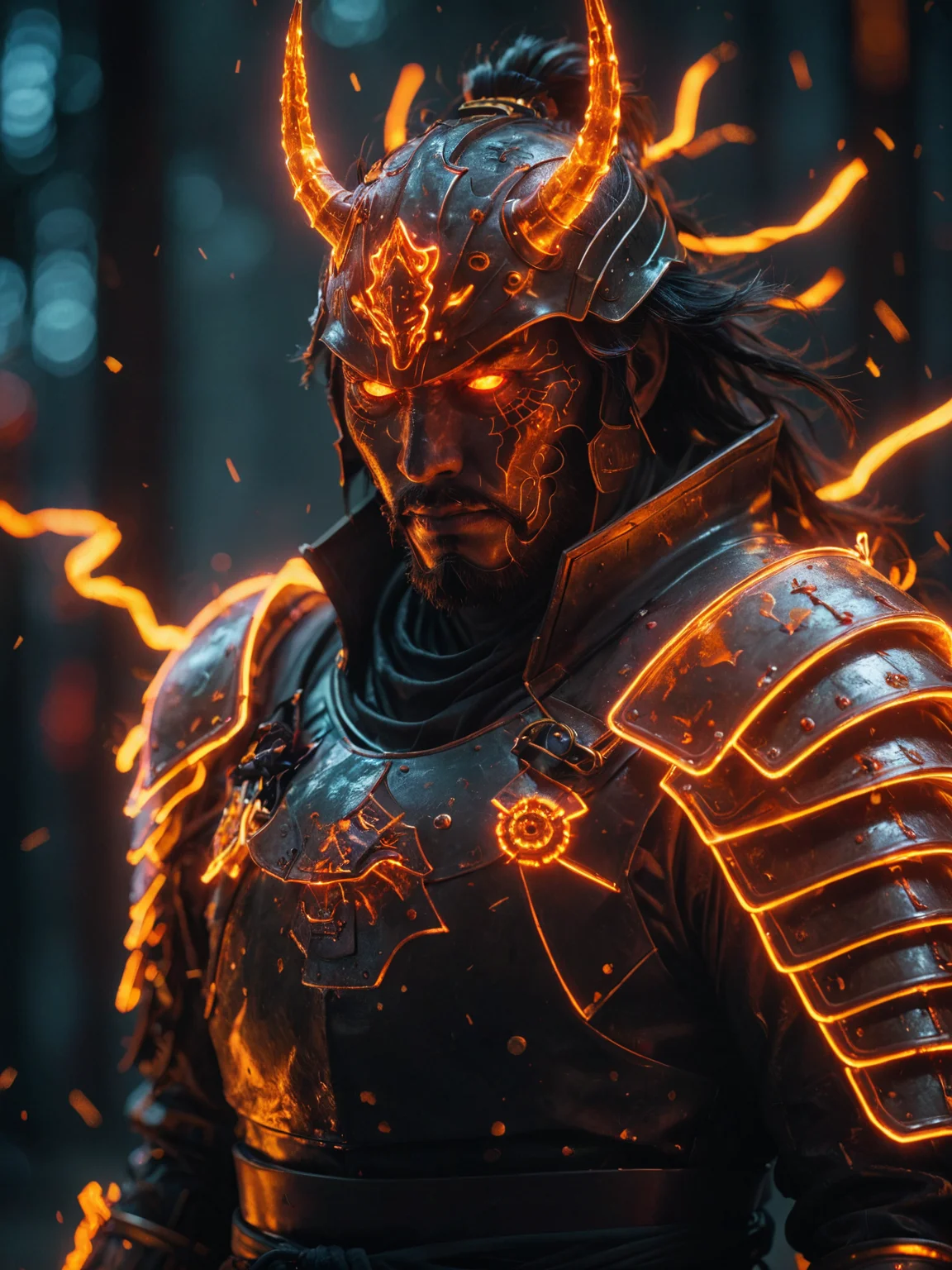 glowneon, glowing samurai emitting sparks and electricity, dark red and orange, glowing eyes, cinematic film still <lora:glowneon_xl_v1:1> <lora:add-detail-xl:0.8>
