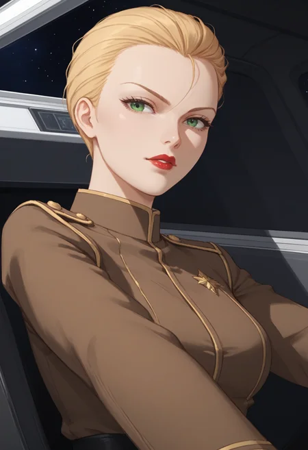 score_9, score_8_up, score_7_up, score_6_up, score_5_up, score_4_up, source_anime, <lora:MSGSF91LydiaDorfman1_5:1>, MSGSF91LydiaDorfman, blonde hair, green eyes, lipstick, short hair, forehead, hair slicked back, hair between eyes, large breasts,
brown collared shirt, military uniform, black skirt, pencil skirt, black belt, black high heels, 
spread arms, upper body, 
BREAK space, galaxy, indoors, window, cockpit,