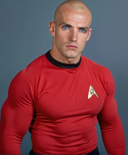 1boy, 20 year old male, Handsome, masculine, blonde, star trek, red shirt, muscle, tall, tight shirt, wide pectorals, big shoulders, wide shoulders, muscular neck, German, bald, big pale blue eyes, abs, biceps, serious facial expression, phaser, hand,
stunf, star trek uniform,