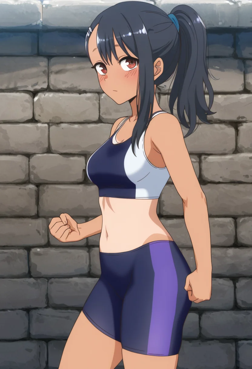 masterpiece, best quality, good quality, very awa, newest, highres, absurdres,outdoors, HayaseNagatoro-DontToyWithMeMissNagatoro,
Hayase Nagatoro \(Don't Toy With Me Miss Nagatoro\), 1girl, solo, long hair, breasts, looking at viewer, blush, bangs, black hair, hair ornament, brown eyes, medium breasts, closed mouth, ponytail, cowboy shot, small breasts, outdoors, shorts, hairclip, midriff, dark skin, from side, dark-skinned female, crop top, alternate hairstyle, tan, bike shorts, clenched hands, tanlines, sports bra, asymmetrical bangs, one-piece tan, wall, brick wall, earclip, stone wall
,<lora:Hayase Nagatoro (Don't Toy With Me, Miss Nagatoro) Illustrious v2:0.8>