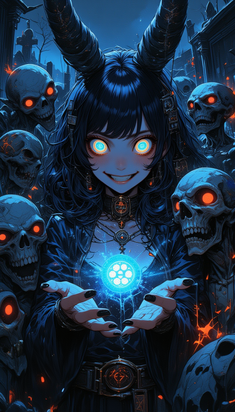 In a dark graveyard, upper body of a 18-year-old necromancer large breasts sexy erotic girl casts a summoning spell, surrounded by unique zombies. Her innocent yet mischievous round eyes reflect glowing runes, and she shows affection to her undead minions. The scene is a mix of eerie and playful, with vibrant spell colors illuminating the night, capturing the paradox of her joyful interaction with the undead in a macabre setting. lulu01,manga <lora:lulu:0.8>
