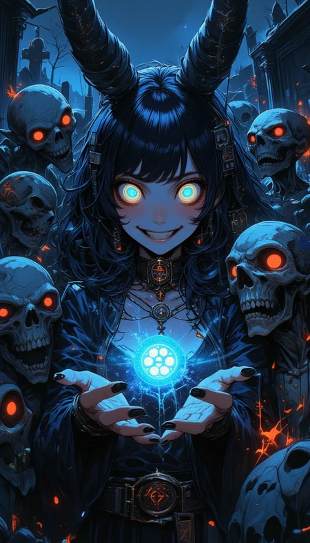 In a dark graveyard, upper body of a 18-year-old necromancer large breasts sexy erotic girl casts a summoning spell, surrounded by unique zombies. Her innocent yet mischievous round eyes reflect glowing runes, and she shows affection to her undead minions. The scene is a mix of eerie and playful, with vibrant spell colors illuminating the night, capturing the paradox of her joyful interaction with the undead in a macabre setting. lulu01,manga <lora:lulu:0.8>