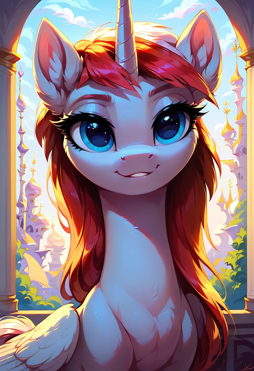 masterpiece, score_9, score_8_up, score_7_up, (best quality:1.1), ultra-detailed, high resolution, 1 girl, solo, pony, alicorn, highly detailed macro illustration, mlp, g4, (Lauren Faust smiling), (Lauren Faust), feral, female, mare, sensual, long eyelashes, red mane, horn, (indoors), (((beautiful detailed blue eyes))), Long eyelashes, fluffy, ear fluff, long eyelashes, Highly Visible, (((8k))), sharp focus, perfect lighting, anatomically correct, extremely detailed, shine on body, (Canterlot Interior), high detail, Expressiveh, detailed background, OverallDetail, zPDXL2