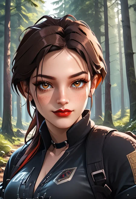 Score_9, Score_8_up, Score_7_up, BREAK, AliasCODMXL, lipstick, hazel eyes, brown hair, multicolored hair, ponytail, split bangs, black choker, medium breasts, harness, black shirt, rolled sleeves, individual focus, seductive smile, look at the viewer, forest,full body <lora:AliasCODMXL:0.8>