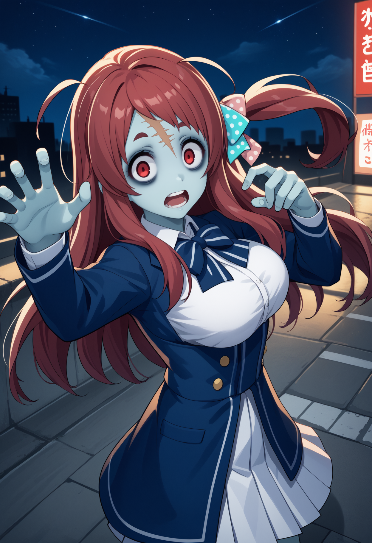 score_9, score_8_up, score_7_up, source_anime, <break> solo, 1girl, skrmnmoto, zombie, blue skin, scar on forehead, open mouth, teeth, looking at you, zombie pose, outstretched arms, reaching towards viewer, long hair, red hair, ahoge, one side up, hair bow, polka dot bow, red eyes, constricted pupils, school uniform, blue jacket, white shirt, collared shirt, underbust, bowtie, long sleeves, white skirt, pleated skirt, large breasts, night, outdoors, city
<segment:yolo-face_yolov8m.pt,0.4,0.5//cid=1>
