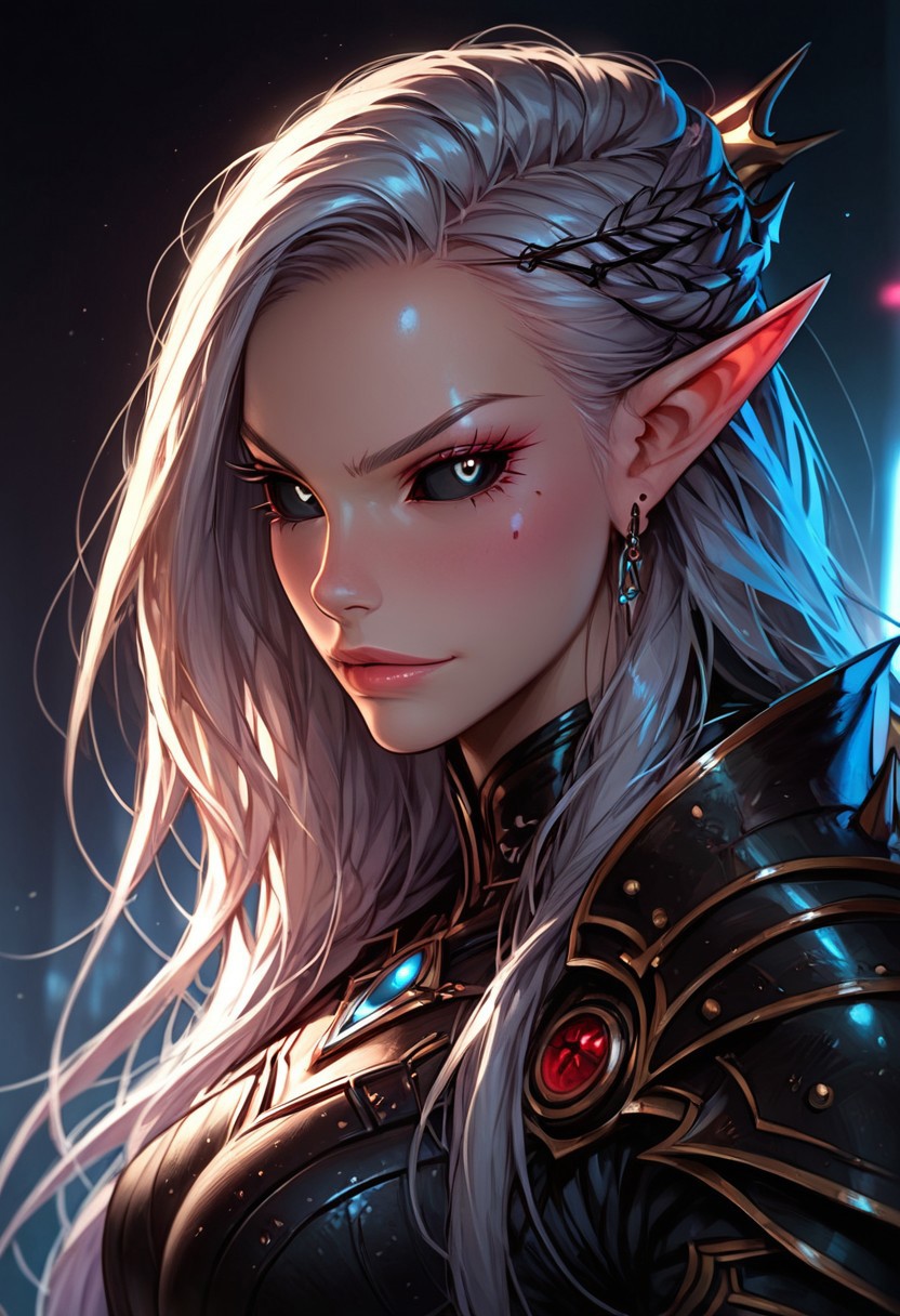 masterpiece,best quality, highly detailed, score_9, score_8_up, score_7_up, score_6_up, zPDXL3, n30n, the dark city Commorragh, neon lights, spiked spires pointing to the sky, dark ambient, BREAK 1female, ((drukhari)), drukhari incubus bodyguards in heavy armor, serious face, smirk, silver hair, long hair, straight hair, ponitale, ((black eyes with bright blue pupils)), slim and fit, standing, ((klaive gaint sword in her hand)), very pale skin, elf ears, ((black eyes sclera)), dinamick poses, ((bright blue iris)), purebloods, noble,