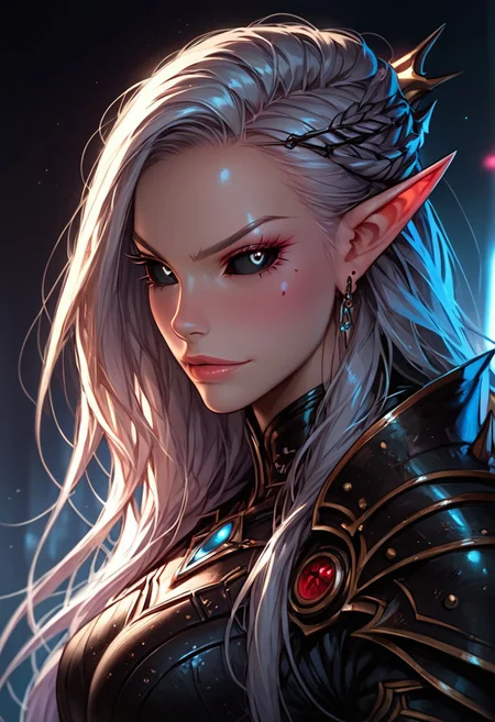 masterpiece,best quality, highly detailed, score_9, score_8_up, score_7_up, score_6_up, zPDXL3, n30n, the dark city Commorragh, neon lights, spiked spires pointing to the sky, dark ambient, BREAK 1female, ((drukhari)), drukhari incubus bodyguards in heavy armor, serious face, smirk, silver hair, long hair, straight hair, ponitale, ((black eyes with bright blue pupils)), slim and fit, standing, ((klaive gaint sword in her hand)), very pale skin, elf ears, ((black eyes sclera)), dinamick poses, ((bright blue iris)), purebloods, noble,