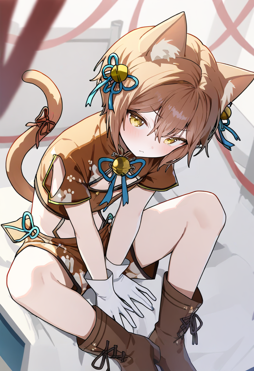 <lora:ningenMameXL_il_lokr_V53P1:0.95> 1boy, animal ears, male focus, tail, cat ears, gloves, cat boy, solo, brown hair, bell, cat tail, yellow eyes, otoko no ko, short hair, blush, white gloves, looking at viewer, hair ornament, sitting, shorts, hair bell, hair between eyes, tail ornament, short sleeves, closed mouth, jingle bell, brown footwear, boots, ribbon, animal ear fluff