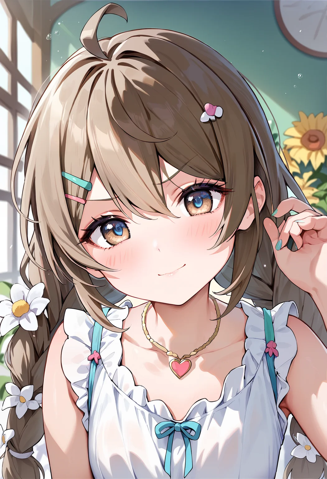 score_9,score_8_up,score_7_up,<lora:PDFA_Style7256193366v4:0.8>,1girl,solo,bangs,blush,smile,looking at viewer,upper body,indoors,ahoge,blue eyes,braid,brown eyes,brown hair,closed mouth,collarbone,dot nose,facing viewer,fingernails,flower,hair between eyes,hair intakes,hair ornament,hairclip,hand up,heart,heart choker,jewelry,light blush,light particles,long hair,looking to the side,nail polish,necklace,nose blush,shirt,sidelocks,single braid,sleeveless,sleeveless shirt,straight-on,swept bangs,twin braids,twintails,v-shaped eyebrows,wavy hair,white flower,white shirt