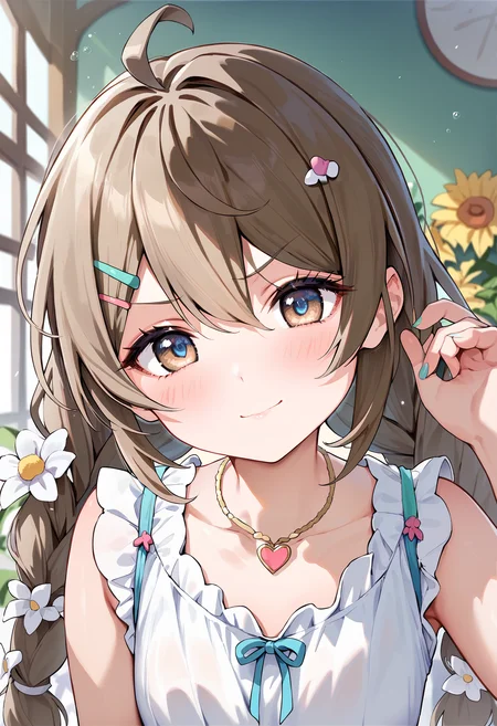 score_9,score_8_up,score_7_up,<lora:PDFA_Style7256193366v4:0.8>,1girl,solo,bangs,blush,smile,looking at viewer,upper body,indoors,ahoge,blue eyes,braid,brown eyes,brown hair,closed mouth,collarbone,dot nose,facing viewer,fingernails,flower,hair between eyes,hair intakes,hair ornament,hairclip,hand up,heart,heart choker,jewelry,light blush,light particles,long hair,looking to the side,nail polish,necklace,nose blush,shirt,sidelocks,single braid,sleeveless,sleeveless shirt,straight-on,swept bangs,twin braids,twintails,v-shaped eyebrows,wavy hair,white flower,white shirt