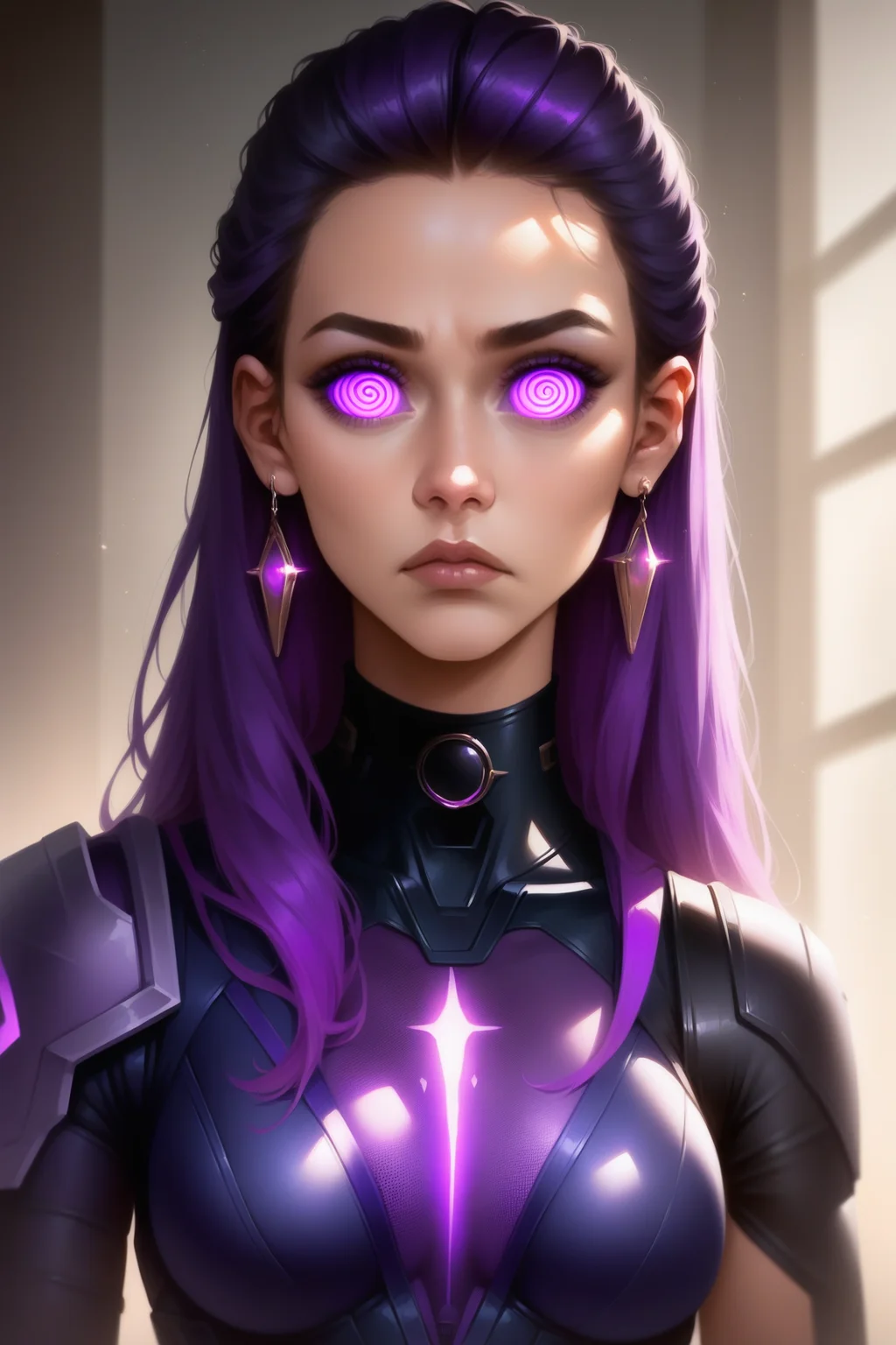score_9, score_8_up, score_7_up, source_anime, 1girl, spiralwash eyes, expressionless, , purple eyes,
 <lora:spiralwash_eyes_v3_5:0.7> <lora:reyna_valorant_xl:0.5> reyna \(valorant\), bodysuit, multicolored hair, upper body, realistic,