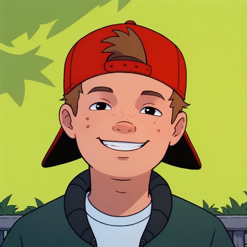 score_9, score_8_up, score_7_up, pinup boy pose, Expressiveh, face focus, looking at viewer, perfect face, colorful, dramatic angle, unique perspective, unique angle, wide angle, school yard, school building in background, smile, smile, hat, backwards hat, shirt, jacket, brown hair, freckles, 1boy, solo
