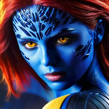 concept art of <lora:Mystique X-Men:1>
Mystique X-Men a closeup of a woman with red hair and yelloweyes and blue body, digital artwork, illustrative, painterly, matte painting, highly detailed