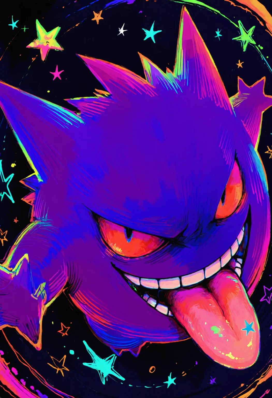 <lora:Style_OtonohaAika:1>, no humans, gengar, colorful, hatching \(texture\), tongue out, looking at viewer, open mouth, smile, star \(symbol\), from above, dark, horror \(theme\), floating, masterpiece, best quality