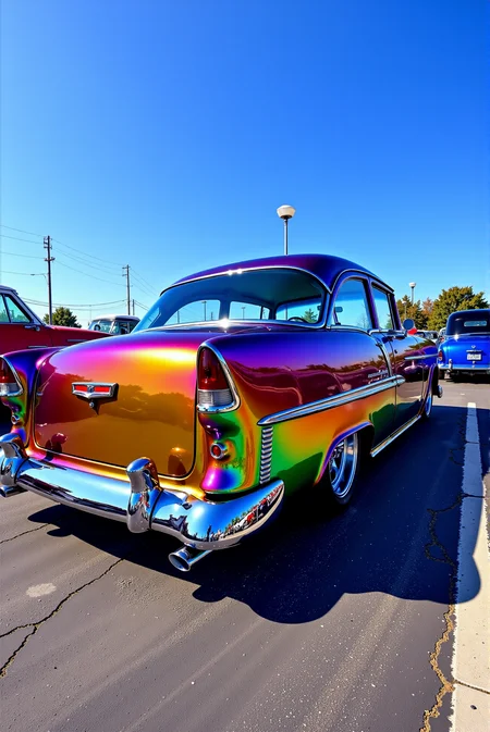 <lora:Hot_rod__style:0.8>
A stunningly customized 1955 Chevrolet Bel Air featuring a high-gloss, color-shifting pearlescent wrap that flows through a full chromatic spectrum—golden yellows, magentas, purples, and teals—under a vibrant blue sky at an outdoor car show. The reflective surface mirrors the cracked asphalt and surrounding classic cars, blending nostalgia with futuristic artistry. The vehicle retains its iconic mid-century lines, from the gently arched rear fenders and chrome trim accents to the split roof and bullet taillights. The chrome bumpers gleam beneath HDR lighting, while lowered suspension and tucked chrome wheels complete its sleek, show-stopping stance. The exaggerated reflections and surreal vibrance give the image a painterly, hyper-real quality. DoubleStream Style Layer: ultra-gloss pearlescent wrap with full-spectrum iridescence, palette of magenta, cyan, gold, and violet over chrome trim, classic Americana styling fused with modern wrap technology, wide-angle HDR outdoor photography emphasizing exaggerated reflections and bold color contrast, low rear three-quarter angle highlighting curvature and stance, retro car show ambiance blending vintage charm with high-impact contemporary aesthetics.
