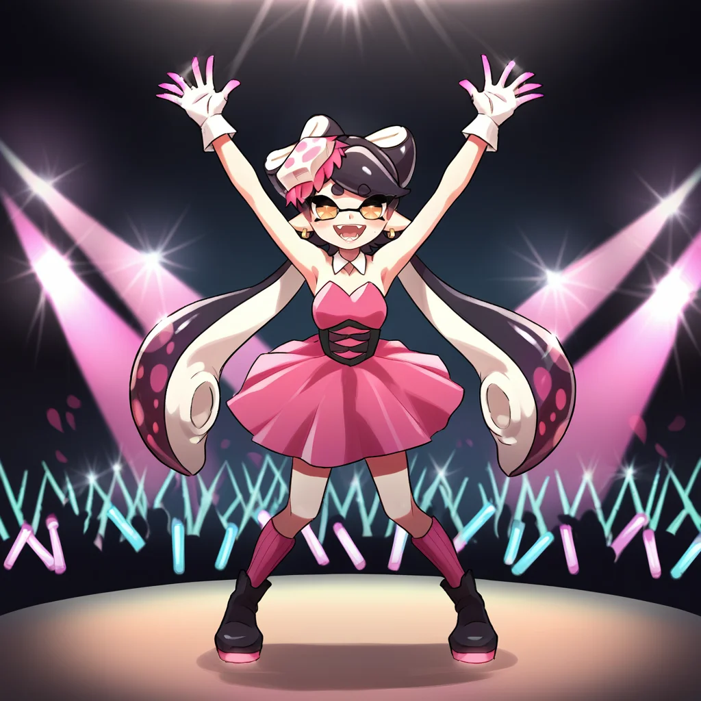 score_9, score_8_up, score_7_up, score_6_up, score_5_up, score_4_up, zPDXL2,rating_questionable, source_anime, 1girl, solo, <lora:Concert_Stage:0.8> st4g3,concert, crowd, glowsticks, neon, stage lights, raised stage, microphone, callie splatoon, pink dress, idol, sunglasses