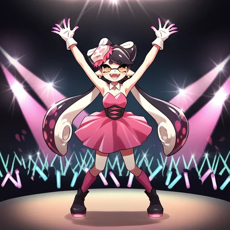 score_9, score_8_up, score_7_up, score_6_up, score_5_up, score_4_up, zPDXL2,rating_questionable, source_anime, 1girl, solo, <lora:Concert_Stage:0.8> st4g3,concert, crowd, glowsticks, neon, stage lights, raised stage, microphone, callie splatoon, pink dress, idol, sunglasses