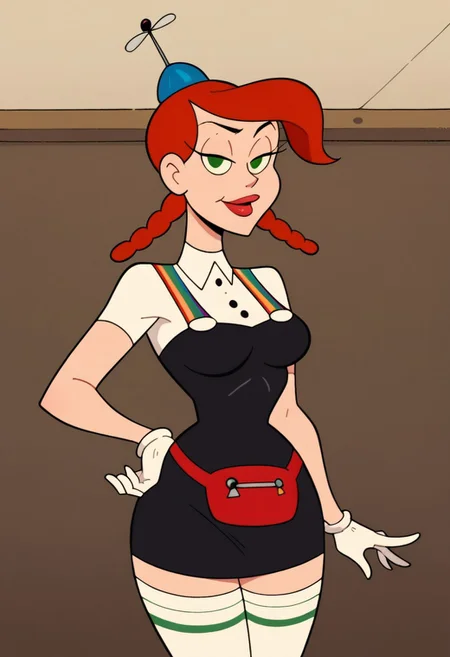 score_9, score_8_up, score_7_up, 1girl, solo, red hair, green eyes, half-closed eyes, lipstick, twin braids, propeller hat, blue hat, rainbow suspenders, strapless dress, black dress, white shirt, collared shirt, shirt under dress, fanny pack, white gloves, hips, one hand on hip, medium breasts, white thighhighs, looking at viewer, (cowboy shot)